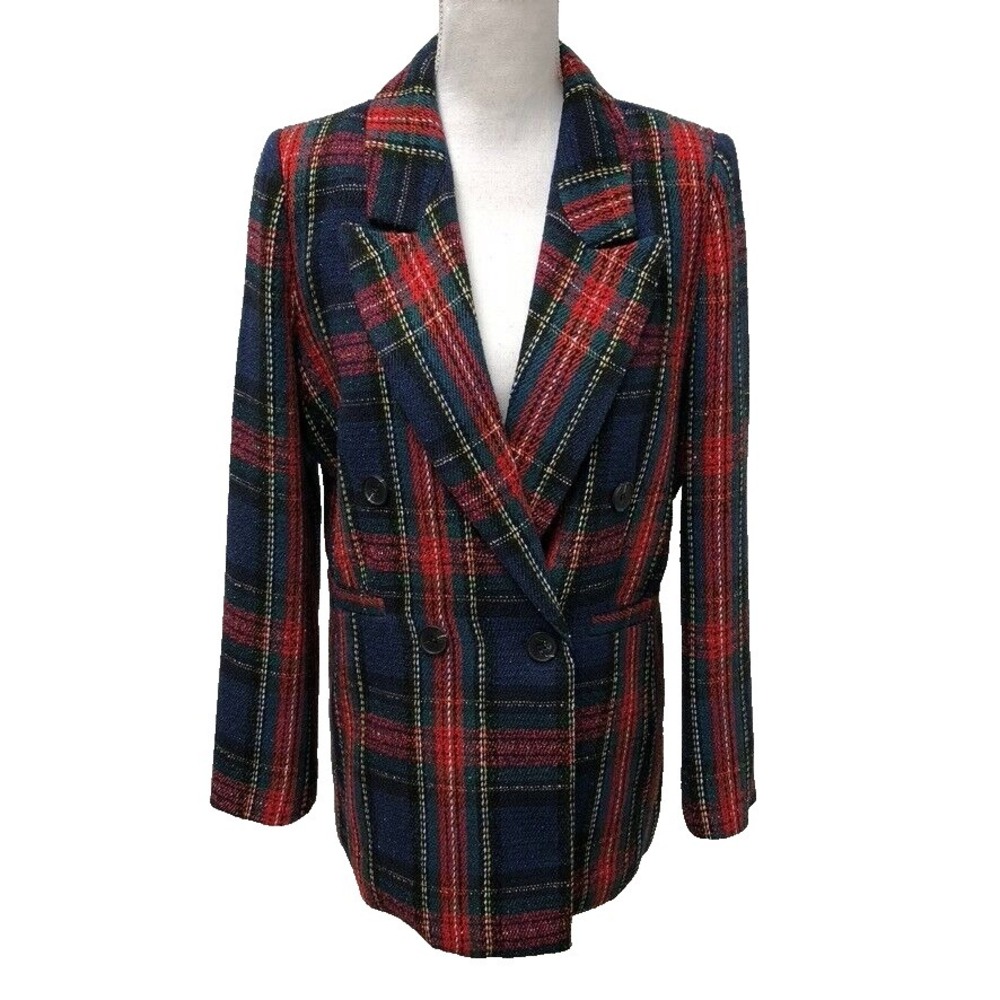 Fore Navy Tartan Plaid Blazer Jacket Womens Medium Retro Holiday Career Office